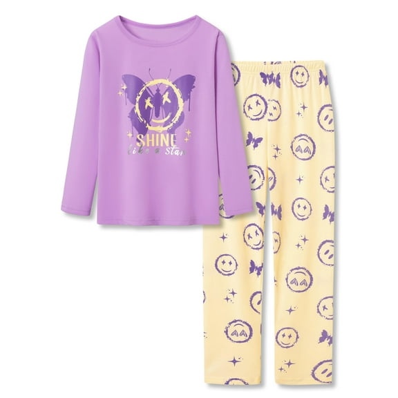 Beezizac Big Girls Pajamas 2-PC Purple & Pale Yellow Soft PJ Long Sleeve Set Kid Cute Winter Outfit Size 8
