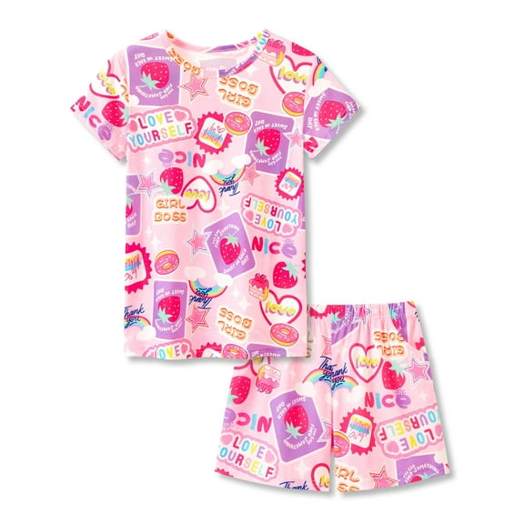 Beezizac Big Girls Strawberry Patchwork Pajamas 2-Piece Short Sleeves PJ Set Cute Summer Comfy Jammies Size 10