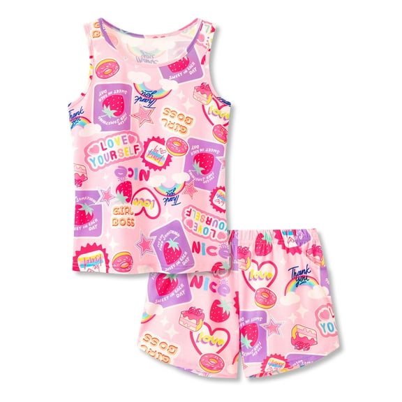Beezizac Big Girls Strawberry Patchwork Pajamas 2-Piece Tank Top & Shorts PJ Set Cute Summer Comfy Jammies Size 14