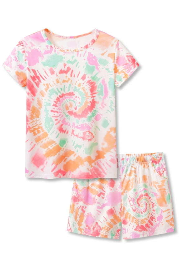 Big Girls Tie Dye Red & Orange Swirl Pajamas Soft Spring Summer Short Sleeves Set Outfit Jammies Kid Size 14