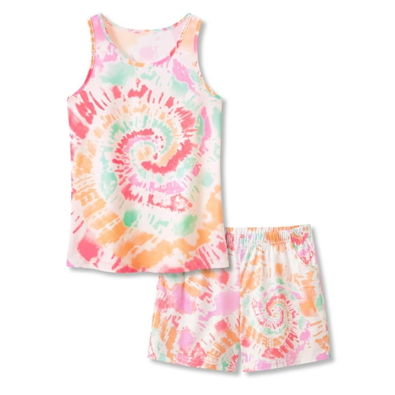 Beezizac Big Girls Tie Dye Red & Orange Swirl Pajamas Soft Summer Tank Top & Shorts Set Outfit Jammies Kid Size 10