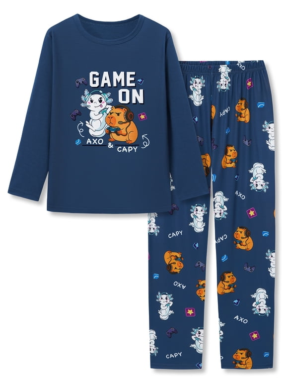 Blue Cute "Game On" Capybara Axolotl Pajamas Boys Cozy Long Sleeve PJ Set Size 12