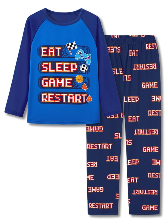 Blue Game Controller Pajamas Boys Cozy Crew Neck Long Sleeve PJ Set for Kids Size 14