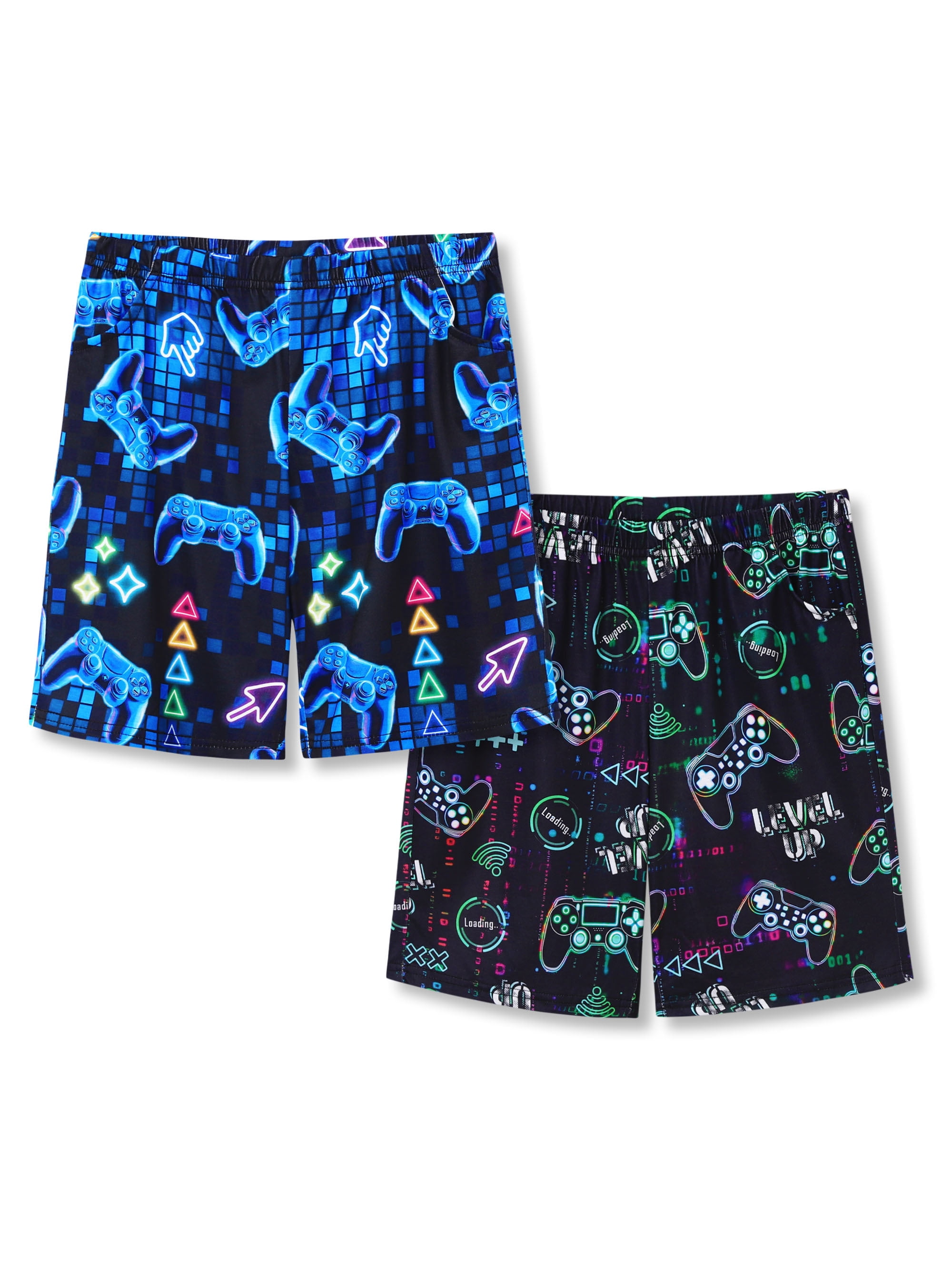 Beezizac Boys 2-Pack Soft Sleep Shorts Blue Neon Grid & Black Multi ...
