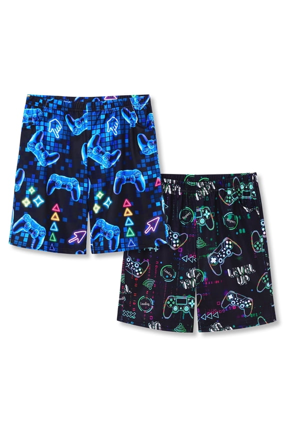 Boys 2-Pack Soft Sleep Shorts Blue Neon Grid & Black Multi-Color Gaming Controller Assorted Pajama Bottoms Sizes 8