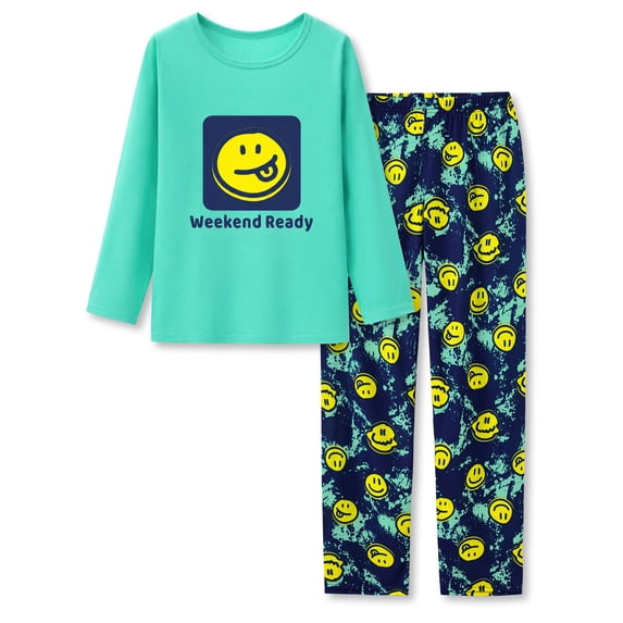 Beezizac Boys 2‑Piece Crew Neck Long Sleeve Pajama Set, Weekend Ready Smiley Graphic Kids Sleepwear Size 16