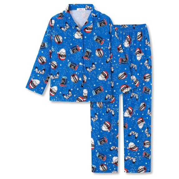 Beezizac Boys Blue Festive Gamer Santa Button-Up Pajamas Size 12