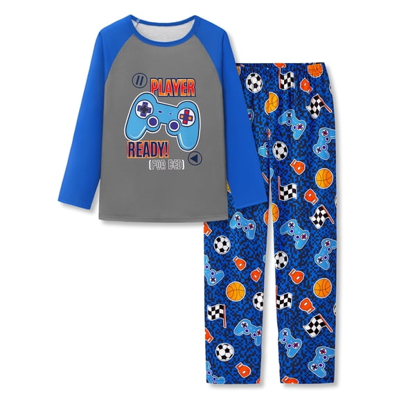 Beezizac Boys 2‑Piece Raglan Long Sleeve Pajama Set, Player Ready Game Controller & Mixed Sports Racing Graphic Kids Sleepwear Size 18