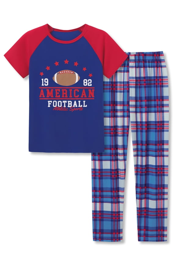Boys Pajamas AMERICAN FOOTBALL 2-Piece Classical Short Sleeve & Pants Cozy PJ Set Kid Sleepwear Size 16