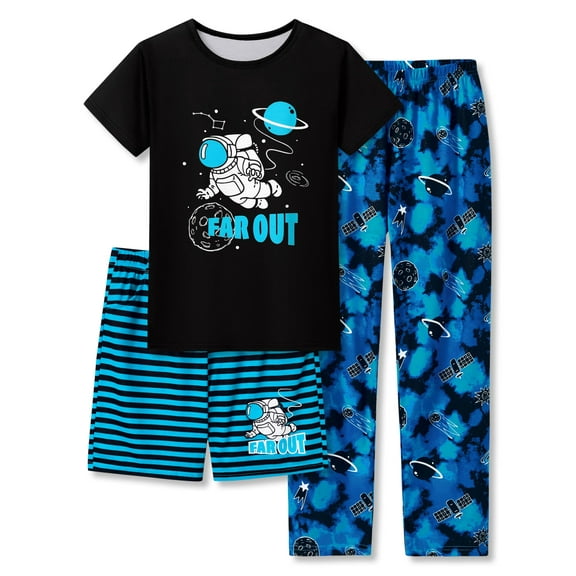 Beezizac Boys Pajamas Black & Blue Astronaut Comfy 3-PC Short Sleeves Shorts & Pants Set Outfit Size 10