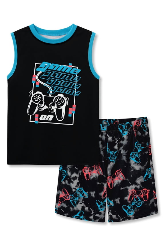 Boys Pajamas Black & Blue Gamer 2-Piece Tank Top & Shorts Sleeve PJ Set Cozy Kid Summer Sleepwear Size 12