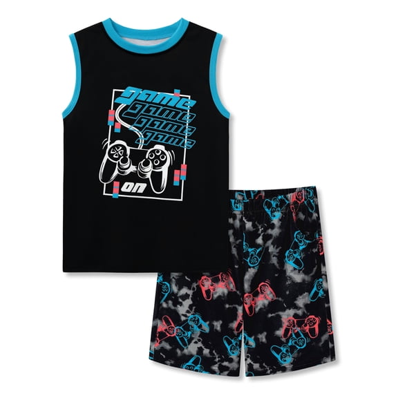 Beezizac Boys Pajamas Black & Blue Gamer 2-Piece Tank Top & Shorts Sleeve PJ Set Cozy Kid Summer Sleepwear Size 8