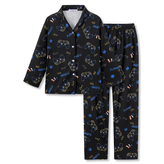 Beezizac Boys Pajamas Black Game Controller Button-Up Long Sleeve Set Size 16