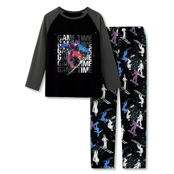 Beezizac Boys Pajamas Black & Gray Skiing 2-Piece Fun Long Sleeve PJ Set Kid Comfy Sleepwear Children Size 8