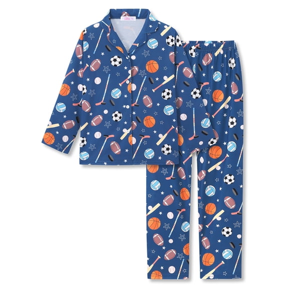 Beezizac Boys Pajamas Blue Multi-Sport Button-Up Long Sleeve 2-Piece Size 12