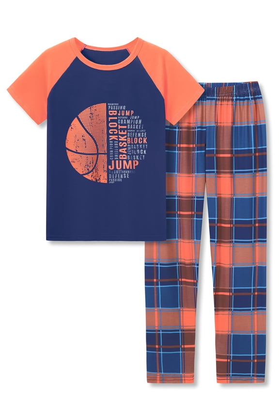 Boys Pajamas Blue Plaid Basketball Comfortable Short Sleeve & Pants 2-Piece PJs Children Sleepwear Size 10