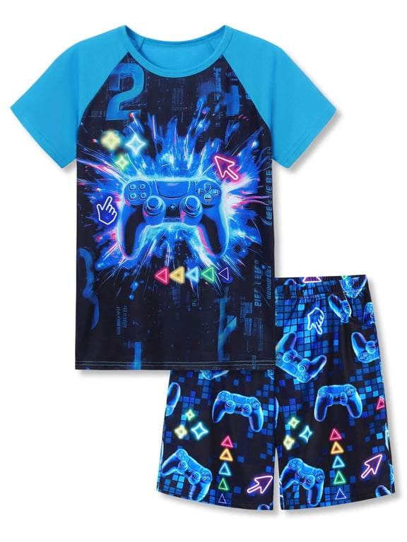 Boys Pajamas Bule & Black Gamer Stylish Short Sleeve Jammies 2-Piece Outfit Comfy Kid PJ Set Size 8
