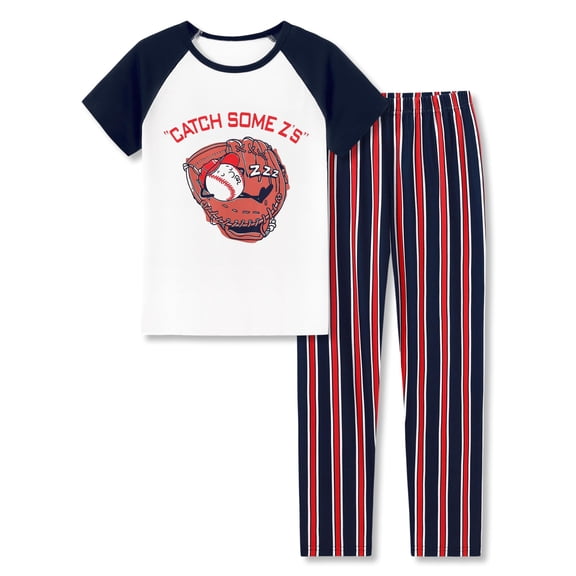 Beezizac Boys Pajamas CATCH SOME Z ' S Striped Baseball 2-Piece Fun Short Sleeve & Pants PJs Kid Sleepwear Size 10