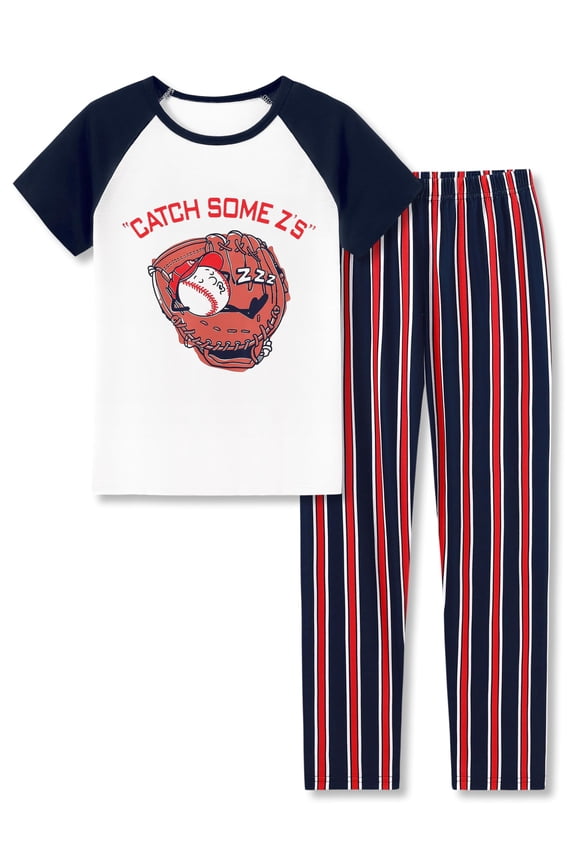Boys Pajamas CATCH SOME Z ' S Striped Baseball 2-Piece Fun Short Sleeve & Pants PJs Kid Sleepwear Size 16