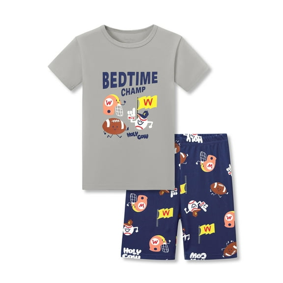 Beezizac Boys Pajamas Gray & Navy Balls 2-Piece Snug-fit Short Sleeve PJ Set Kid Cozy Sleepwear Children Size 14