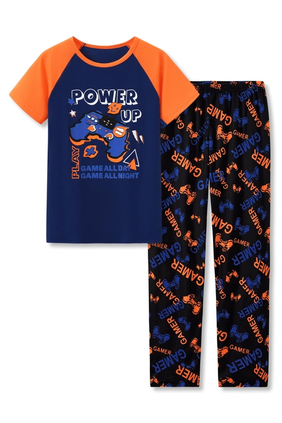 Boys Pajamas Navy & Orange Power Up 2-Piece Short Sleeve & Pants PJ Set Cozy Kid Sleepwear Size 6