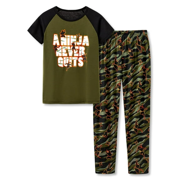 Beezizac Boys Pajamas Olive Green Ninja 2-Piece Short Sleeves & Pants PJ Set Children Sleepwear Size 18