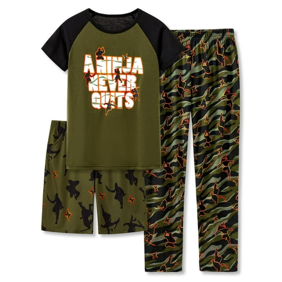 Beezizac Boys Pajamas Olive Green Ninja 3-Piece Short Sleeves Short & Pants Set Cozy PJ Children Size 10
