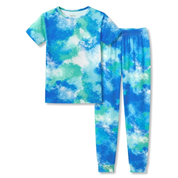 Beezizac Boys Pajamas Tie Dye Blue & Green 2-Piece Snug-fit Short Sleeves & Pants Set Soft PJ Set Toddler Kid Size 5T