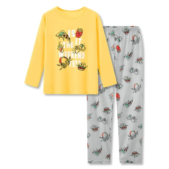 Beezizac Boys Pajamas Yellow Game & Snacks 2-PC Fun Long Sleeve PJ Set Kid Cozy Sleepwear Children Size 14