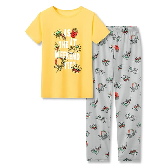 Beezizac Boys Pajamas Yellow Game & Snacks 2-Piece Fun Short Sleeve & Pants PJ Set Kid Cozy Children Size 16