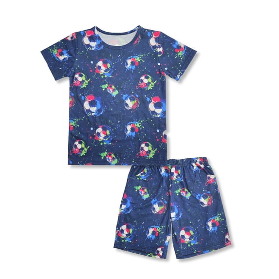 Beezizac Boys Summer Pajama Set, 2-Piece All Over Print Paint Splatter Soccer PJs - Short Sleeves & Shorts Soft Sleepwear Size 18