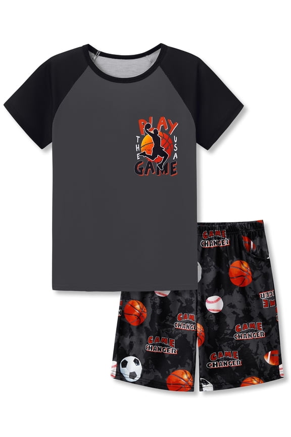 Boys Summer Pajama Set, 2-Piece Basketball PJs‌ - Short Sleeves & Shorts Soft Sleepwear Size 10