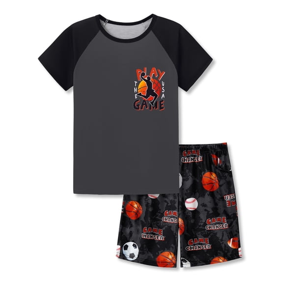 Beezizac Boys Summer Pajama Set, 2-Piece Basketball PJs‌ - Short Sleeves & Shorts Soft Sleepwear Size 12