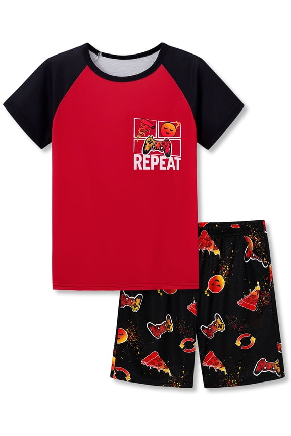 Boys Summer Pajama Set, 2-Piece Eat Sleep Play PJs - Short Sleeves & Shorts Soft Sleepwear Size 12