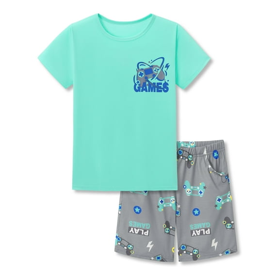 Beezizac Boys Summer Pajama Set, 2-Piece Fun Games PJs - Short Sleeves & Shorts Soft Sleepwear Size 18