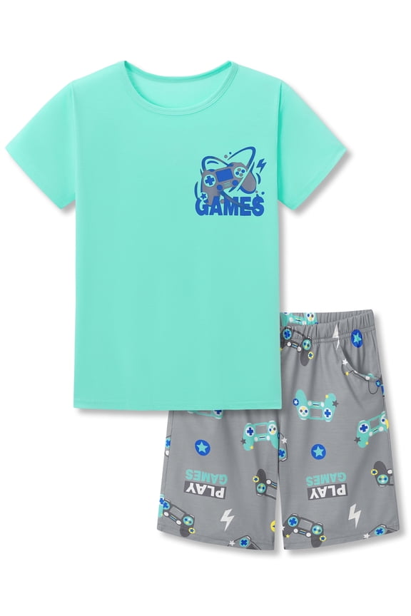 Boys Summer Pajama Set, 2-Piece Fun Games PJs - Short Sleeves & Shorts Soft Sleepwear Size 8