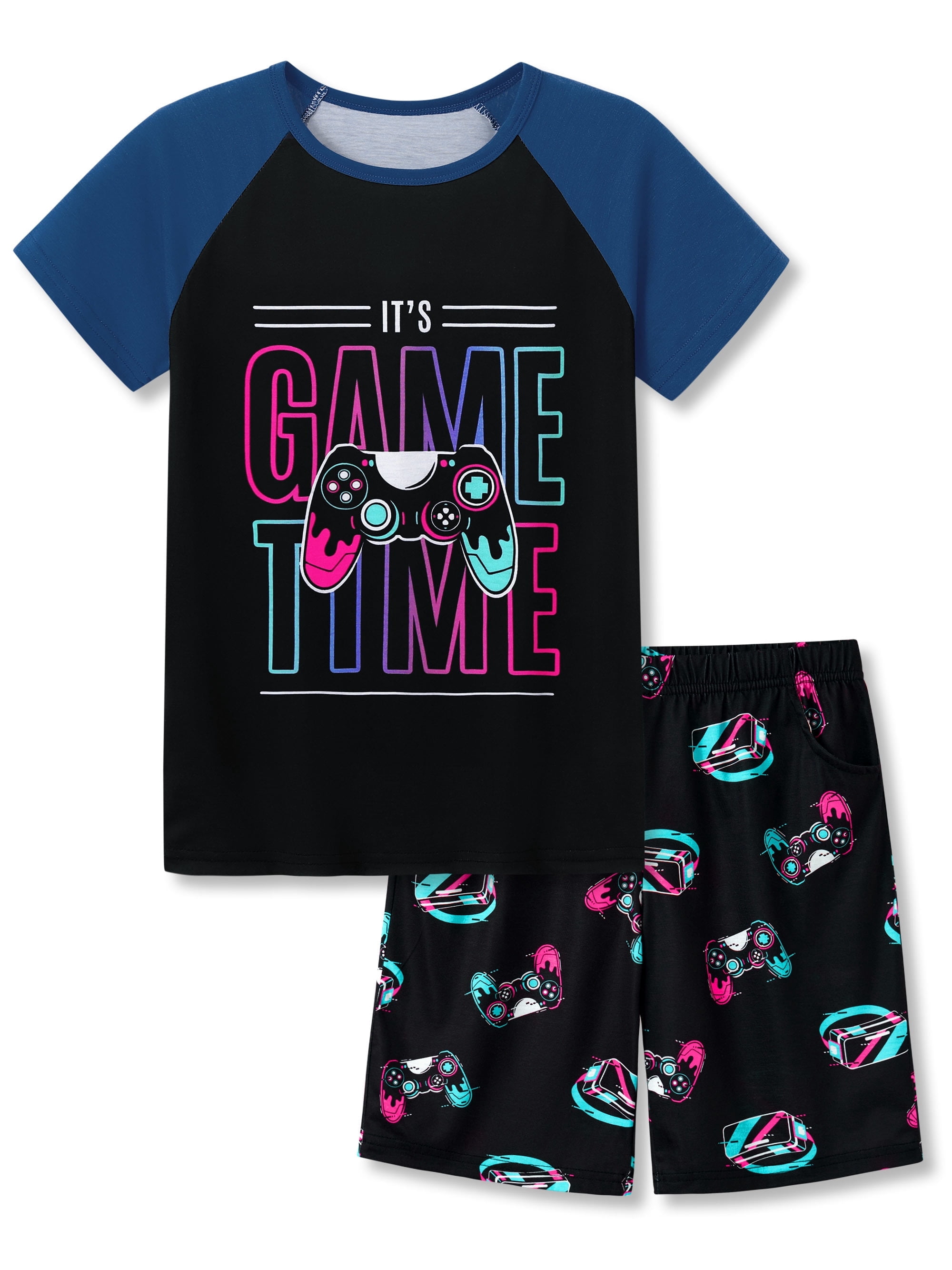 Beezizac Boys Summer Pajama Set, 2-Piece Fun VR Controller PJs‌ - Short Sleeves & Shorts Soft Sleepwear Size 10