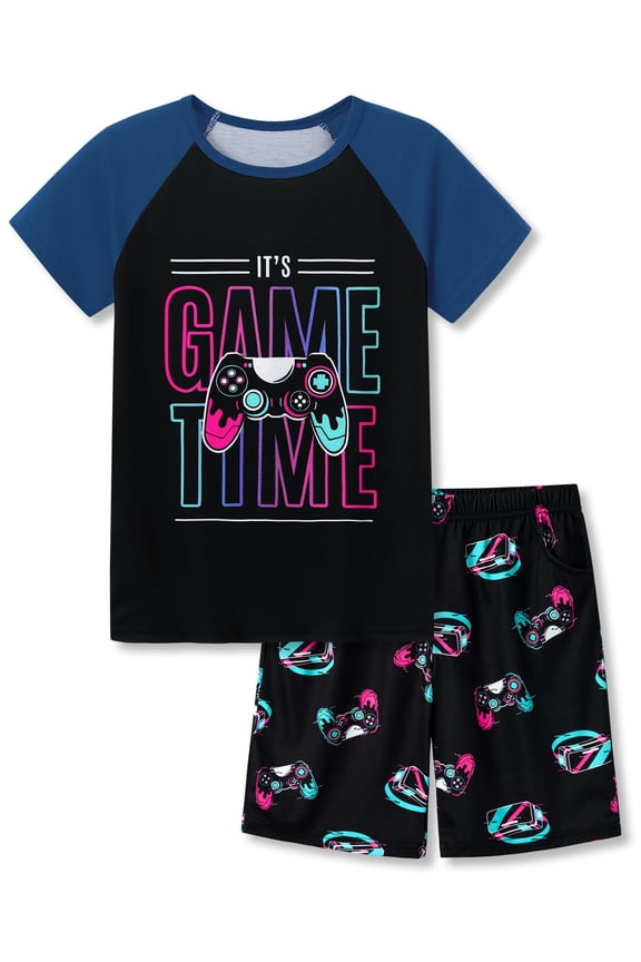 Boys Summer Pajama Set, 2-Piece Fun VR Controller PJs - Short Sleeves & Shorts Soft Sleepwear Size 10