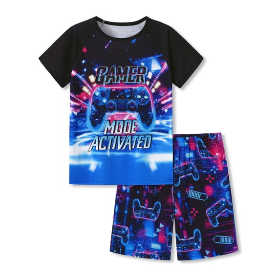 Beezizac Boys Summer Pajama Set, 2-Piece Gamer Game Controller PJs - Short Sleeves & Shorts Soft Sleepwear Size 10