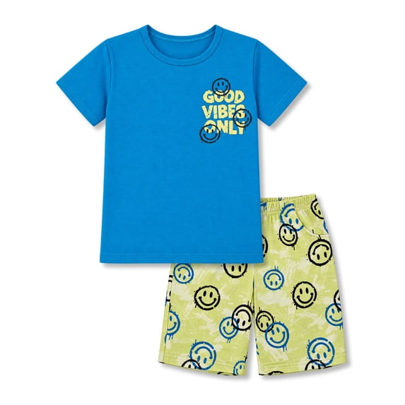 Beezizac Boys Summer Pajama Set, 2-Piece Good Vibes Happy Face Print PJs - Short Sleeves & Shorts Soft Sleepwear Size 18