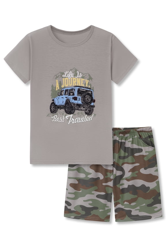 Boys Summer Pajama Set, 2-Piece Jeep Camo PJs‌ - Short Sleeves & Shorts Soft Sleepwear Size 14