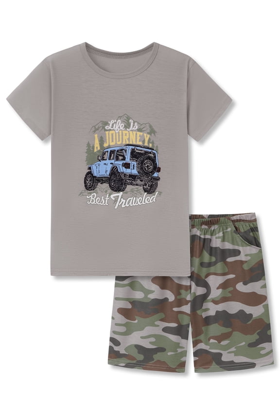 Boys Summer Pajama Set, 2-Piece Jeep Camo PJs - Short Sleeves & Shorts Soft Sleepwear Size 18
