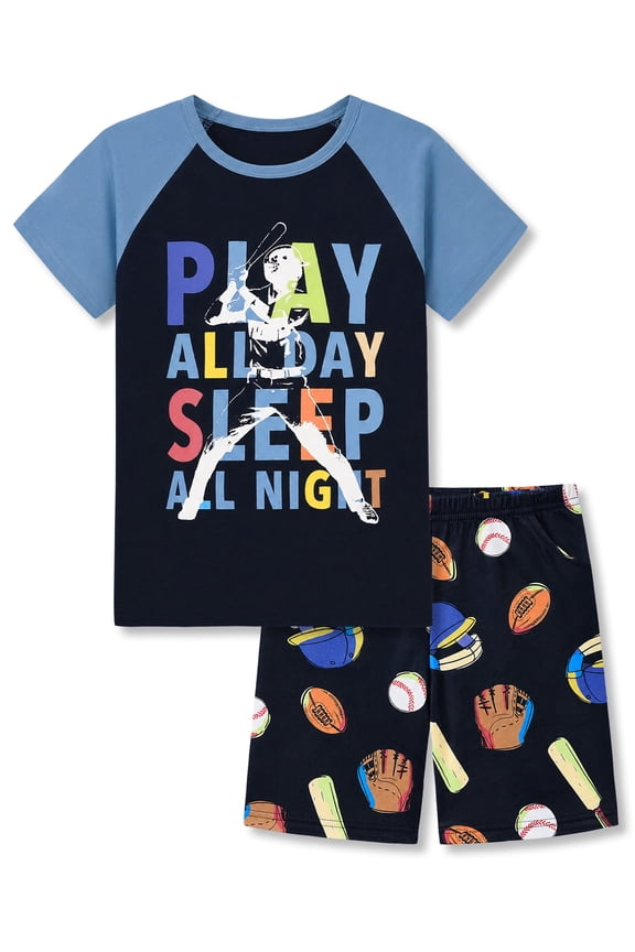 Boys Summer Pajama Set, 2-Piece Raglan Sleeve Baseball Sports PJs - Short Sleeves & Shorts Soft Sleepwear Size 8