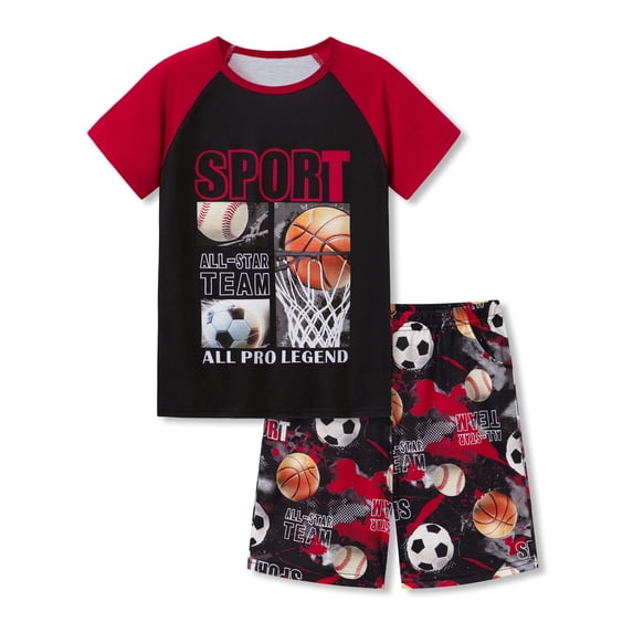 Beezizac Boys Summer Pajama Set, 2-Piece Sports Balls PJs - Short Sleeves & Shorts Soft Sleepwear Size 14