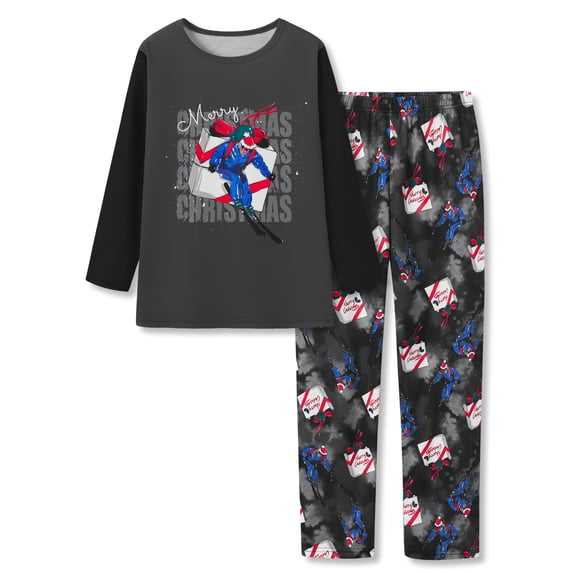 Beezizac Christmas Pajamas For Boys Gray Gift & Skiing Long Sleeve 2-PC PJ Set Soft Outfits Size 16