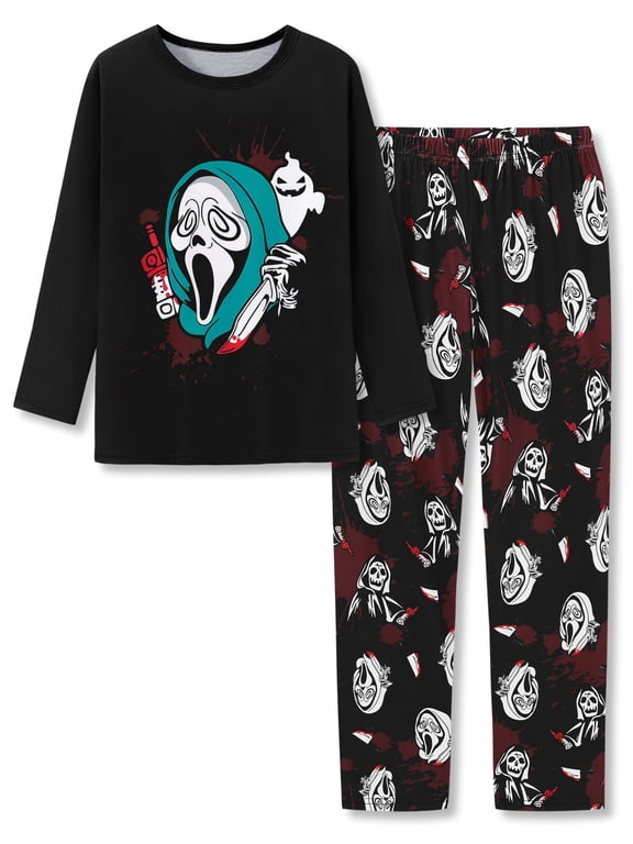 Cool Holiday Pajama for Boys - Screaming Ghost Pull-on Long Sleeves & Pants Set 2-PC Soft PJ Kids Size 8