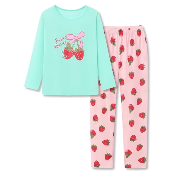 Beezizac Cotton Pajama for Girls - Green & Pink Strawberry Long Sleeve Set 2-Piece Kid Sleepover PJ Size 12