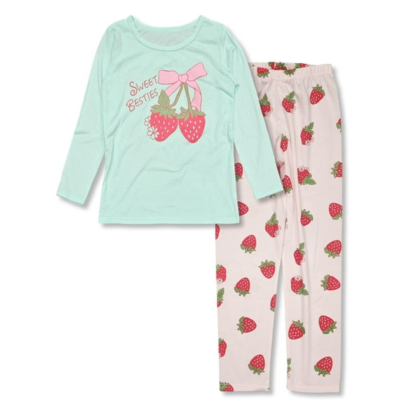 Beezizac Cotton Pajama for Girls - Green & Pink Strawberry Long Sleeve Set 2-Piece Kid Sleepover PJ Size 12