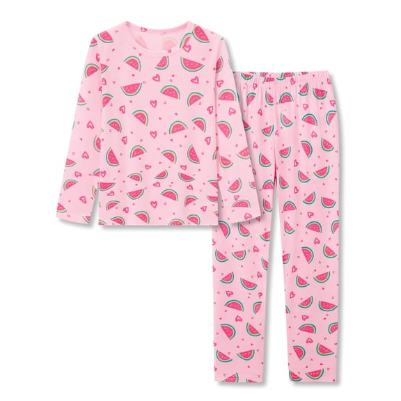 Beezizac Cotton Pajama for Girls - Pink Watermelon & Heart Long Sleeve Set 2-Piece for Kids Sleepover PJ Size 12