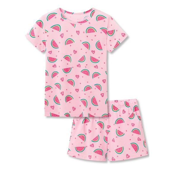 Beezizac Cotton Pajama for Girls - Pink Watermelon & Heart Short Sleeve Set 2-Piece for Kids Sleepover PJ Size 10